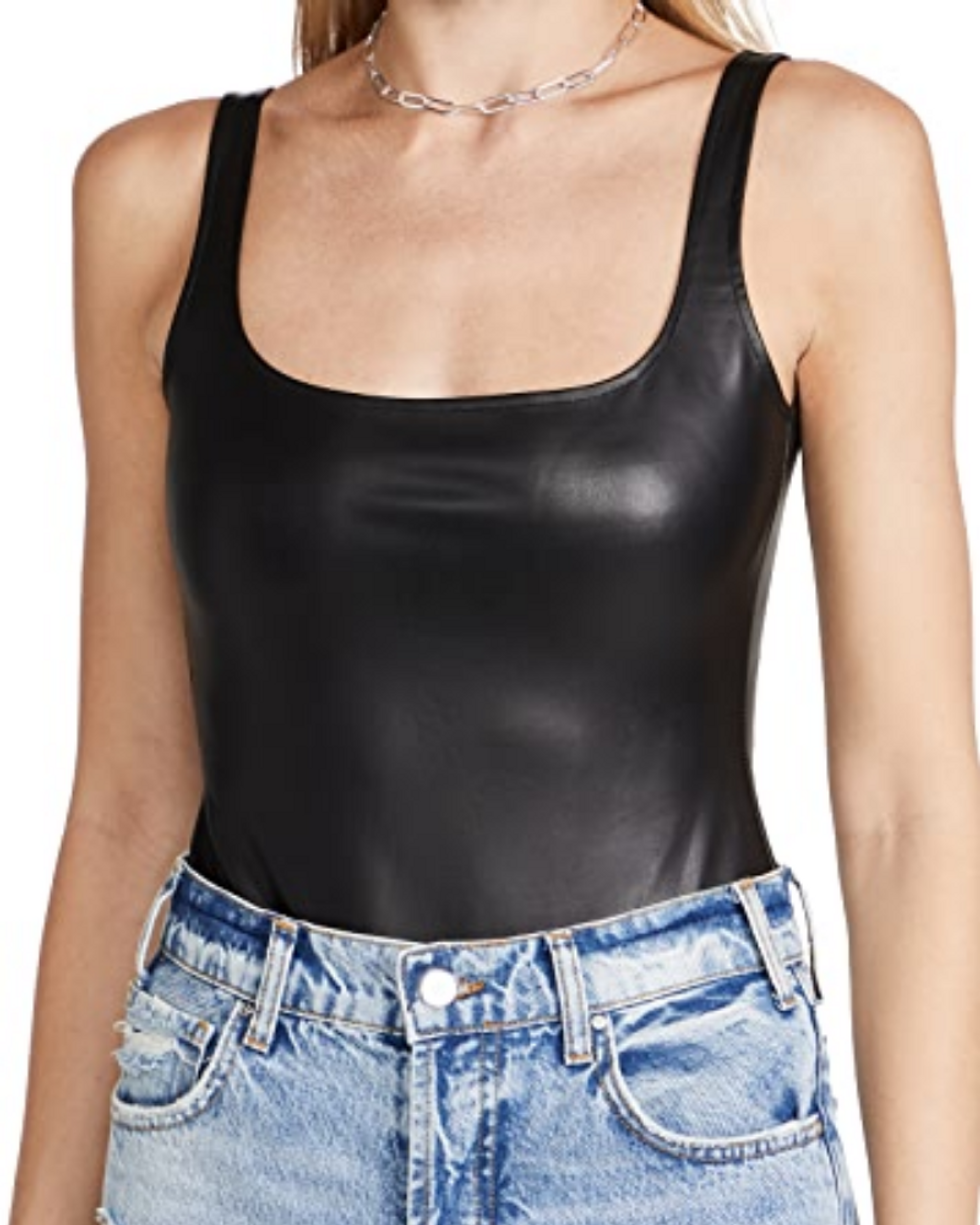 Susana Monaco Faux Leather Low Back Tank Thong Bodysuit