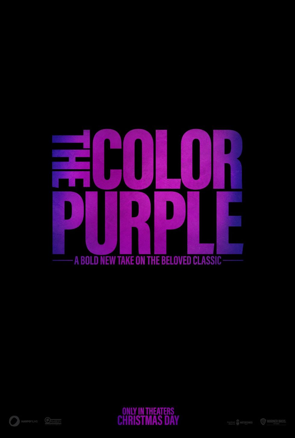 the color purple movie poster with a black background and purple letters