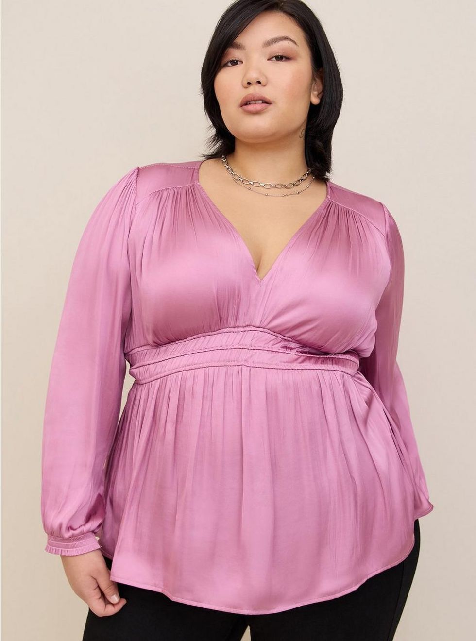 Torrid Peplum Satin Smocked Waist Top pink clothing