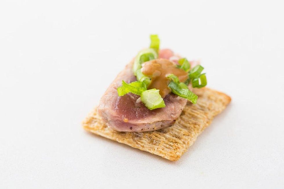 Triscuit + Seared Ahi + Green Onions + Mustard Soy Sauce Bites