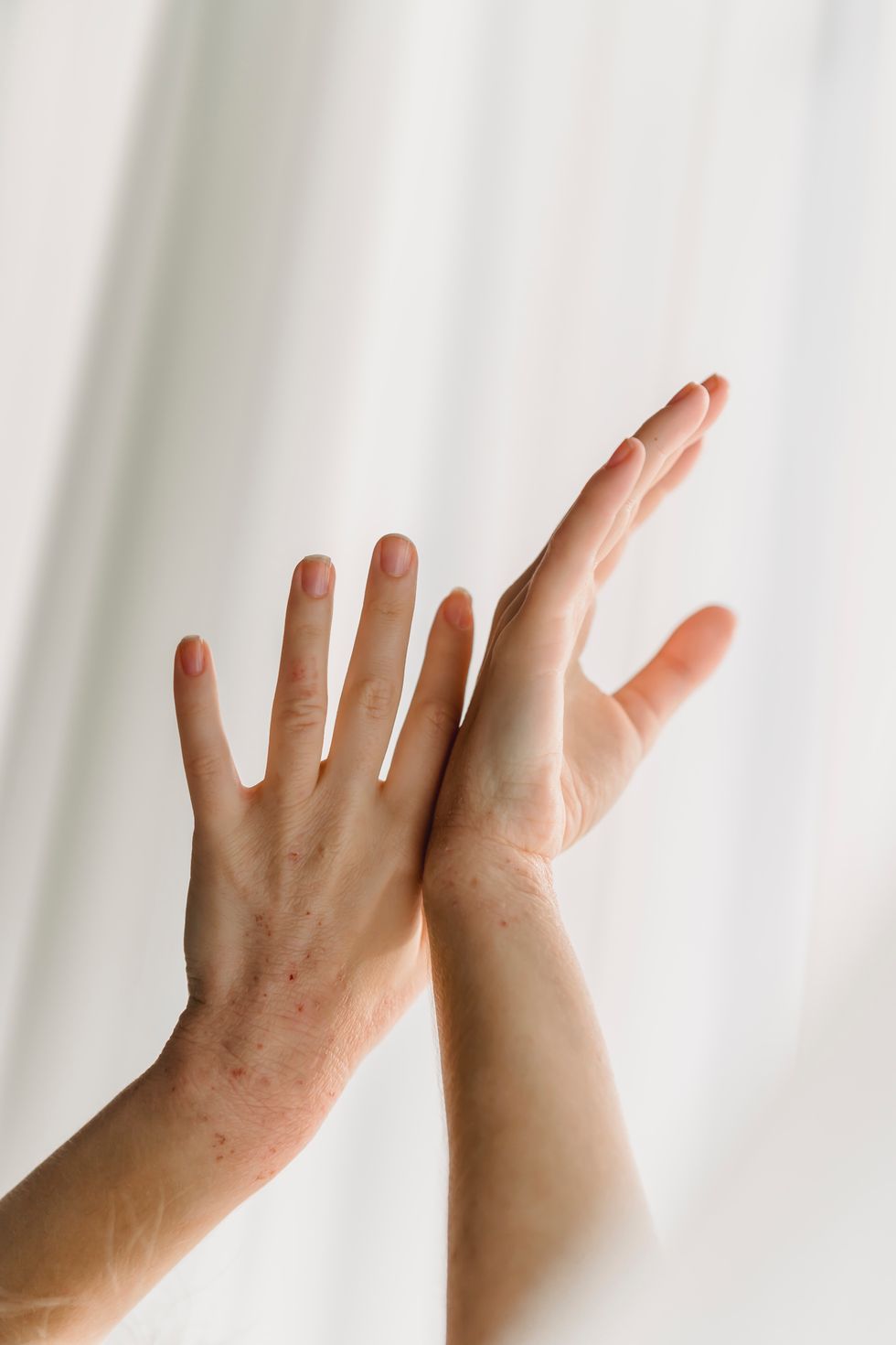 two hands touching against a white, dreamy background