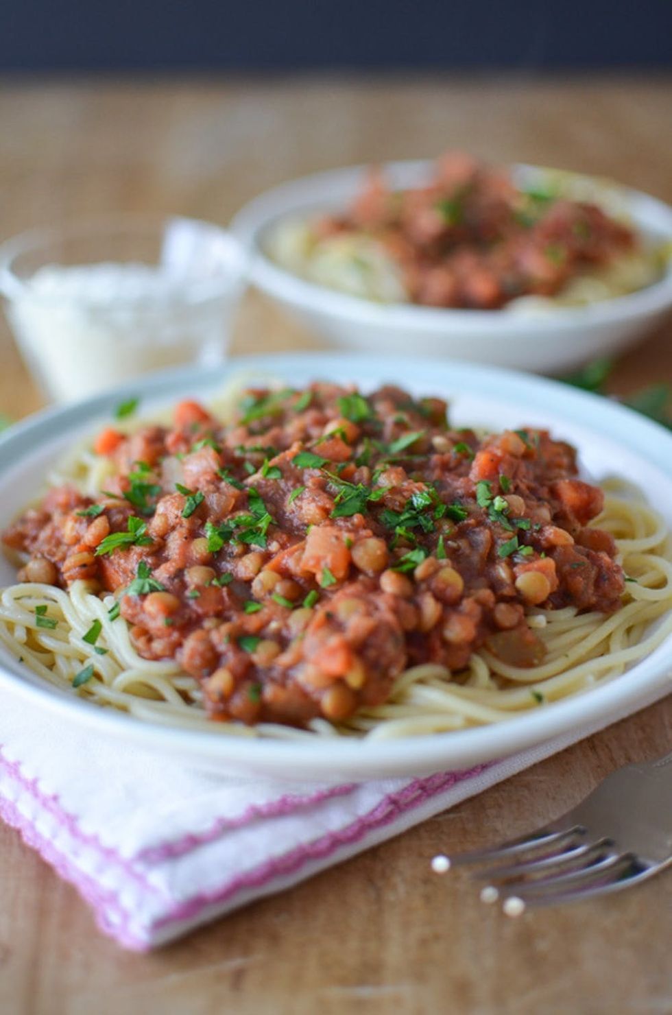 Two plates of Crock-Pot made Lentil Bolognese