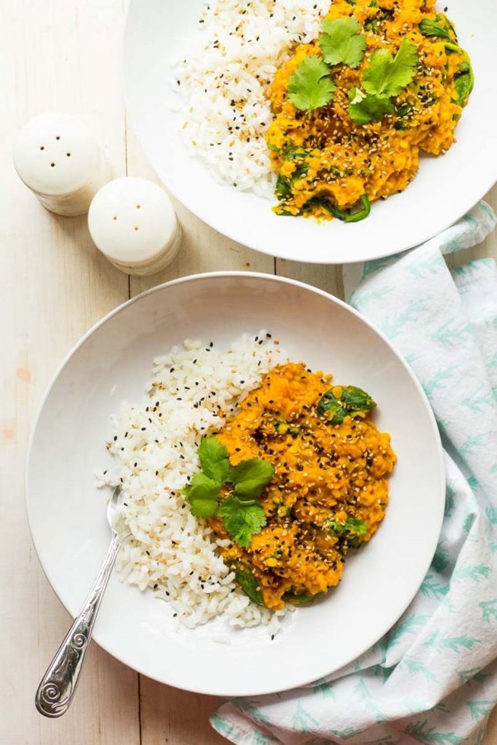 Two plates of Slow-Cooked Butternut Squash Dal