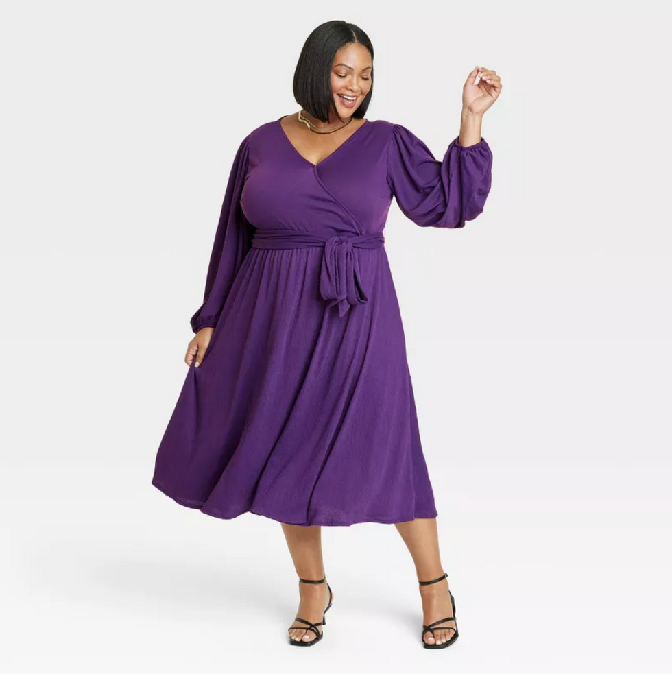 \u200bAva & Viv Balloon Long Sleeve Knit V-Neck Faux Wrap Midi Dress