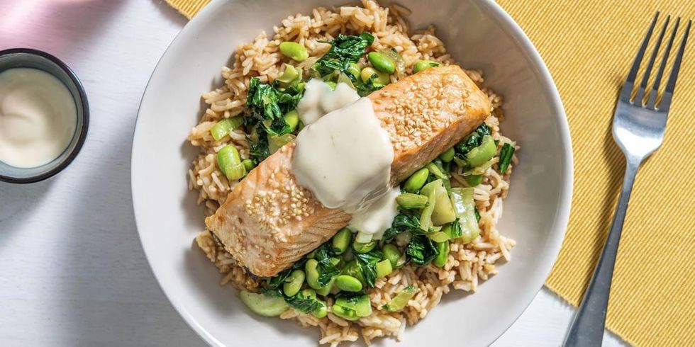 \u200bSesame Crusted Salmon With Saut\u00e9ed Greens And Seasoned Rice