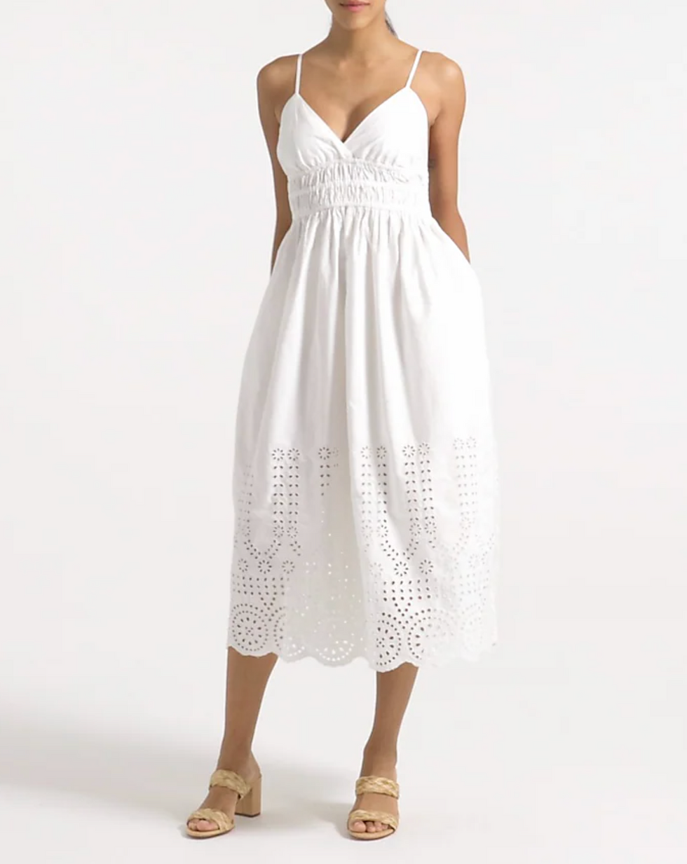 V-Neck Smocked-Waist Dress in White Cotton Poplin