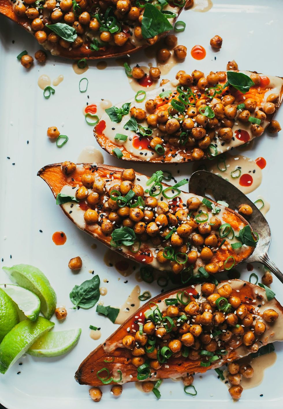 Vegan Stuffed Sweet Potatoes with Crispy Chickpeas and Tahini