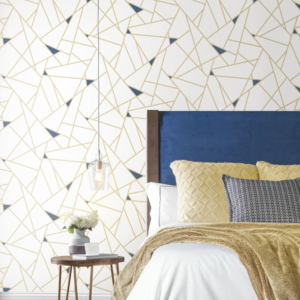 white and gold geometric stick and peel wallpaper