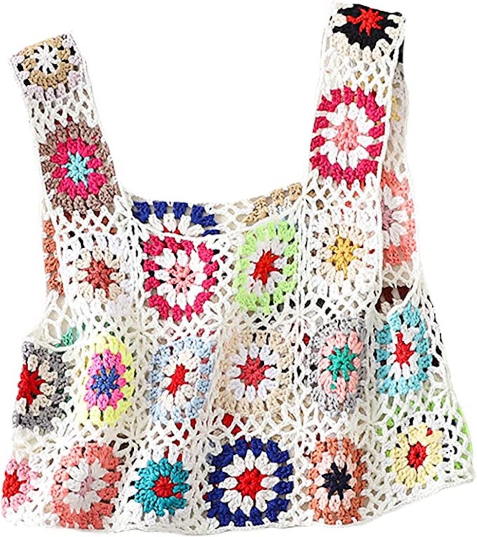 Women's Summer Crochet Tank Top Colorful Floral Embroidery Knit Vest Tops Boho Camisole Beachwear