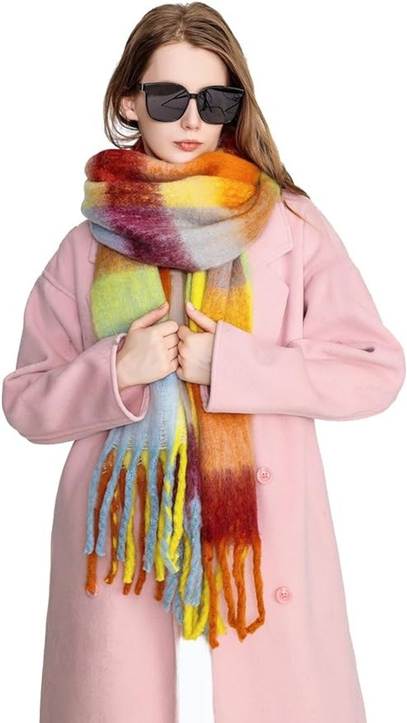 Yatemiole Women's Cashmere Big Coloured Checked Scarf Winter Warm