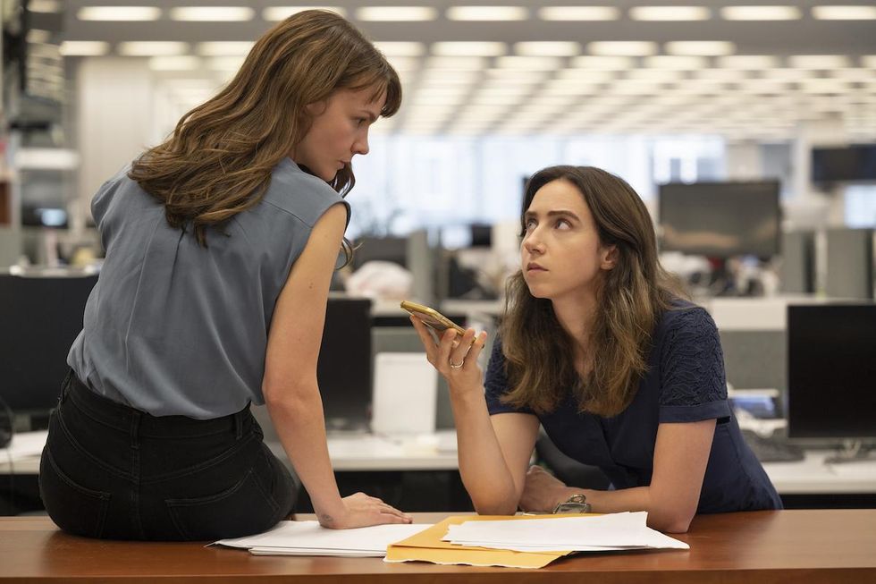 zoe kazan and carey mulligan talking on the phone in she said