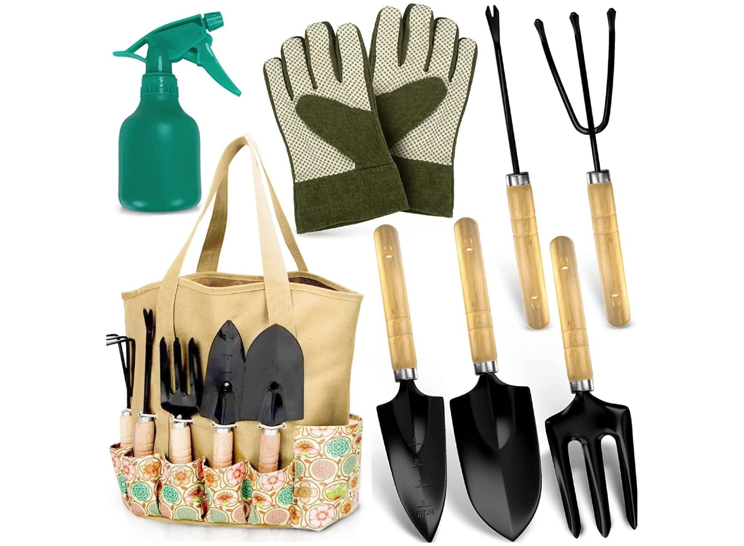 WORKPRO Garden Tools Set, Piece, Stainless Steel Heavy Duty Gardening Tools  with Wooden Handle, Including Garden Tote, Gloves, Trowel, Hand Weeder,