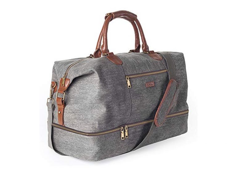 Duffle Bag for Men Waterproof Genuine Leather Canvas Travel Duffel Bags for  Women Overnight Weekender Bag for Traveling, Grey